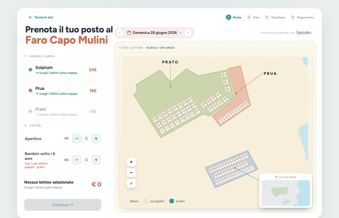 Interfaccia di prenotazione LidoOS: mappa interattiva SVG del Faro Capo Mulini con aree Prato, Prua e Solarium e selezione lettino