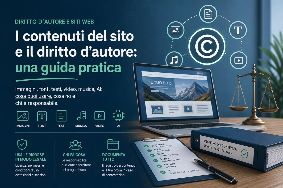 Copertina dell'articolo Iteranea sul diritto d'autore nei siti web, con riferimento a immagini, font, video e contenuti generati con AI.