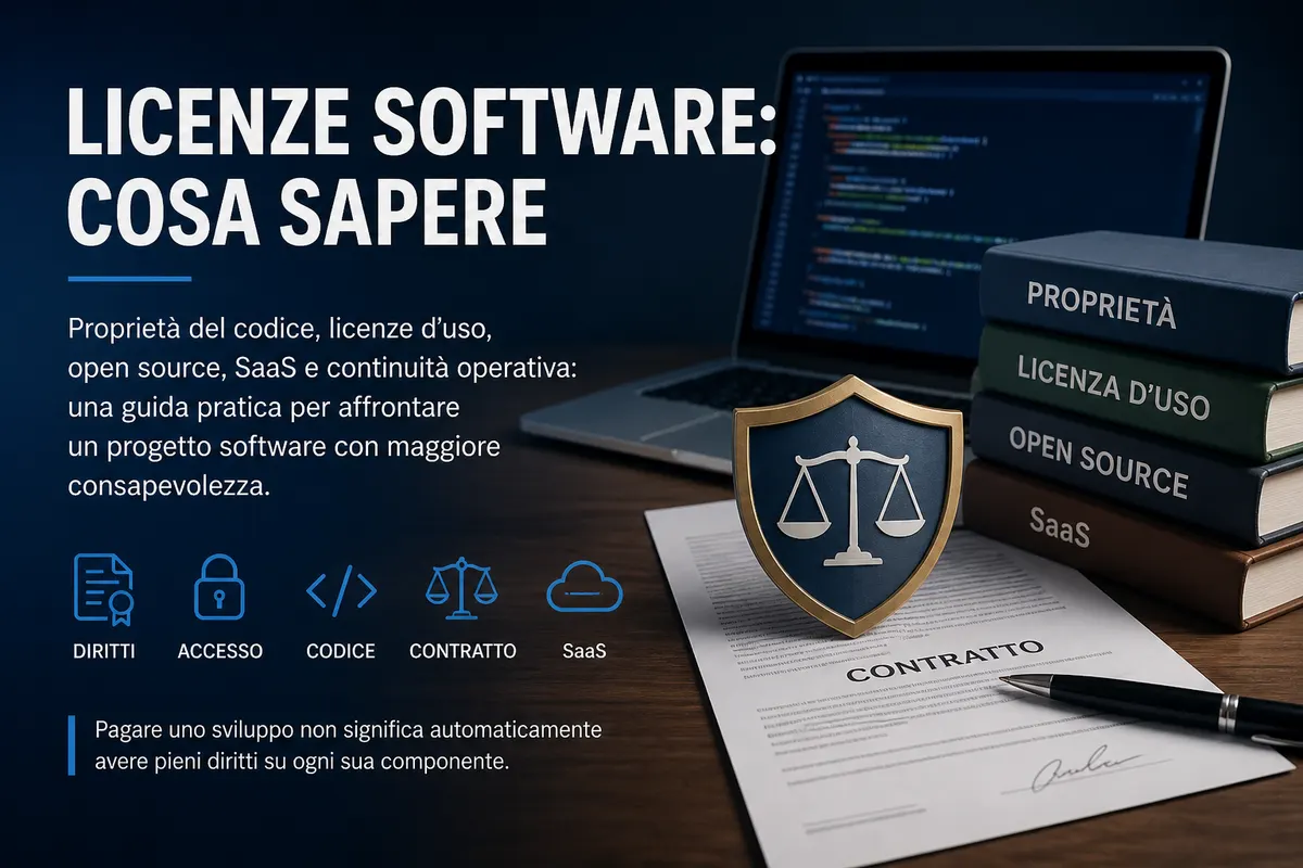 Copertina articolo: laptop con codice, scudo con bilancia della giustizia, contratto e libri etichettati Proprietà, Licenza d'uso, Open Source, SaaS